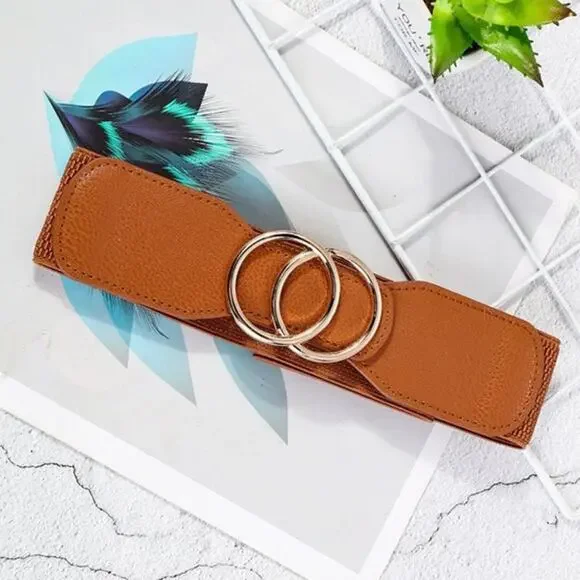 2/$30 Belt Classic Faux Leather Camel Tan Interlocking Circles Circular Metal - Picture 3 of 5